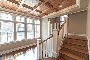 Obraz premium Cozy modern living space featuring wooden Room with Scenic Sunset View Through Glass Door