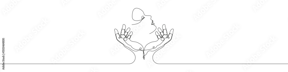 Poster hand holding face icon line continuous drawing vector. one line face hand icon vector background. fa