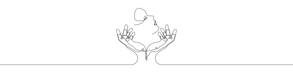 Hand holding Face icon line continuous drawing vector. One line Face hand icon vector background. Face with hands icon. Continuous outline of a Hands of Face icon.