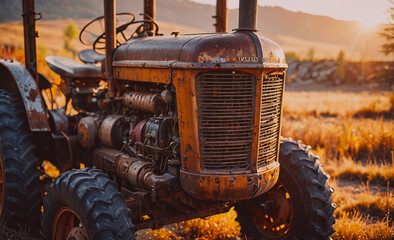 An old rusty tractor is parked in a field. The tractor is old and rusted, and it is surrounded by a dry, dusty field. The sun is setting in the background, casting a warm glow over the scene