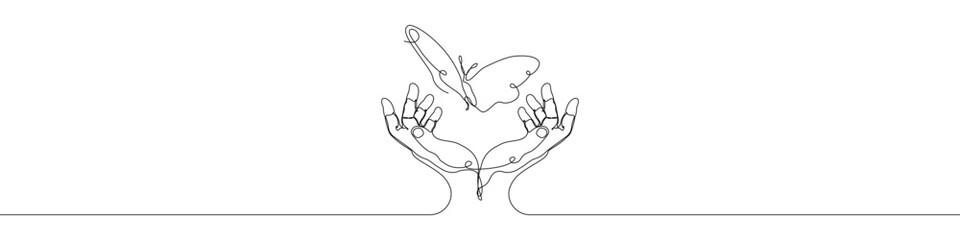 Hand holding Butterfly icon line continuous drawing vector. One line Butterfly hand icon vector background. Butterfly with hands icon. Continuous outline of a Hands of Butterfly icon.