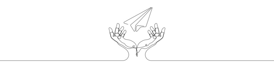 Hand holding Paper airplane icon line continuous drawing vector. One line Paper airplane hand icon vector background. Paper airplane with hands icon.