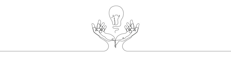 Hand holding Light bulb icon line continuous drawing vector. One line Light bulb hand icon vector background. Light bulb with hands icon. Continuous outline of a Hands of Light bulb icon.