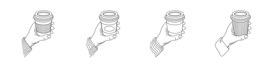 Set of hand holding a cup of coffee. Different designs for coffee shops. Hand with coffee. Set of different cups for coffee. Vector illustration.