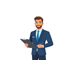 Smiling cartoon businessman in a blue suit holding a clipboard and pen