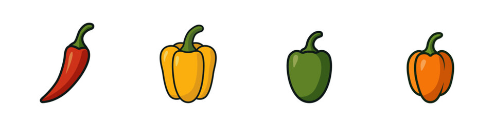 Set of colored peppers vector. Vector icon set of hot and sweet peppers. Bell pepper, chili, jalapeno, habanero. Set of fruits vector. Vector illustration.