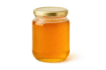 Glass jar of golden honey, natural sweetener, perfect for baking or tea, showcasing smooth texture and vibrant color. Isolated on white background or PNG