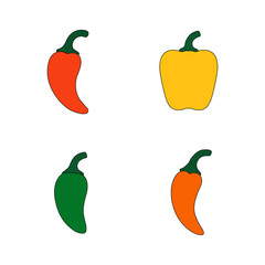 Set of hot peppers vector. Vector icon set of hot fire peppers. Chili peppers, jalapeno, habanero, cayenne. Set of fruits vector. Vector illustration.
