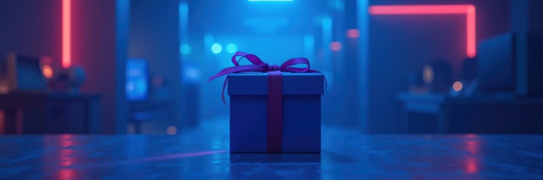 A vibrant gift box with a ribbon sits in a futuristic gaming-themed environment, perfect for promotions, events, or celebrations in the entertainment and tech sectors.