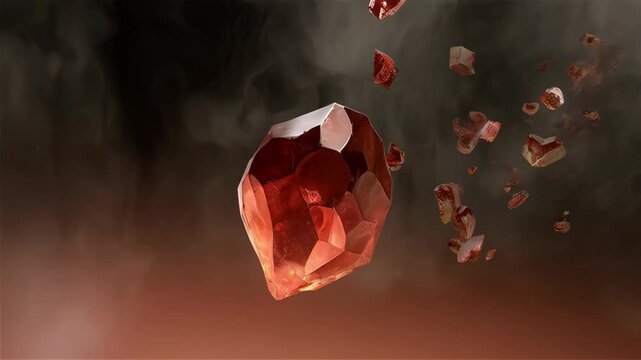 Floating faceted red crystal formation with broken pieces against smoky background, showcasing detail and depth