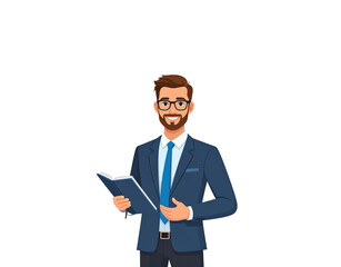 Smiling Cartoon Businessman with Glasses Holding Open Blue Notebook