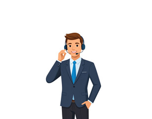 Smiling Cartoon Man with Headset in Dark Blue Suit and Bright Blue Tie