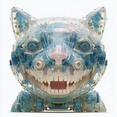 Mechanical cat sculpture with transparent design and expressive features