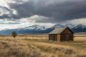 Rustic cabin in montana landscape with snowy mountains and cloudy sky scenic travel photography