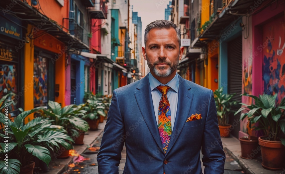 Poster Man in a suit and tie stands in front of a colorful building. The man is wearing a tie with a colorful pattern