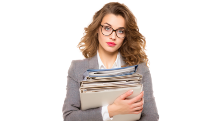 Businesswoman with documents, isolated on white background.