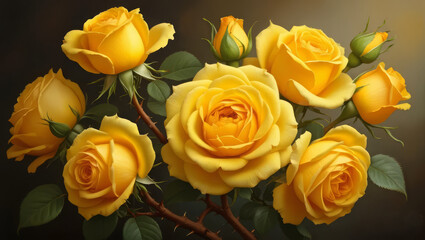 Elegant close-up of fully bloomed yellow roses surrounded by buds and leaves, highlighted by soft light against a dark neutral background.