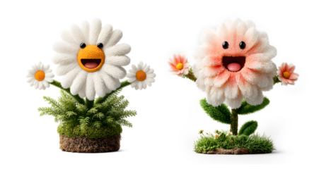 Two happy flower characters, daisy and pink flower, isolated on transparent background