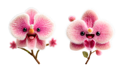 Two cute pink orchid cartoon characters isolated on transparent background