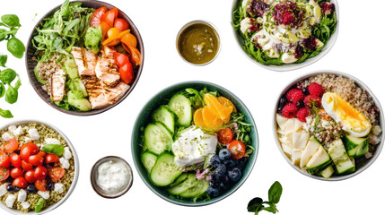 Colorful assortment of healthy salad bowls on a white isolate background.