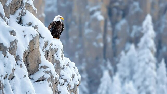 Bald eagle on snowy cliff, fluffed feathers against cold