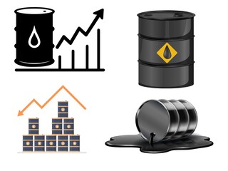 "Oil Market Trends and Crude Barrel Icons &ndash; Energy Economy Concept Illustration"	