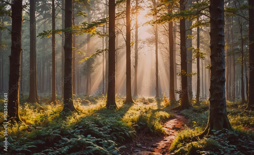 Poster forest with sunlight shining through the trees. the sunlight is casting shadows on the ground