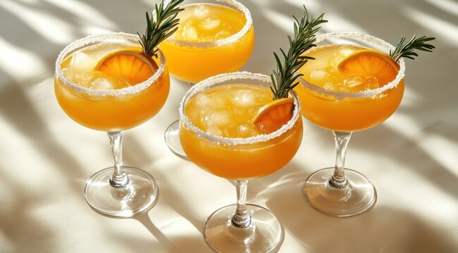 Orange cocktails, rosemary garnish, sunlight, table, drinks menu