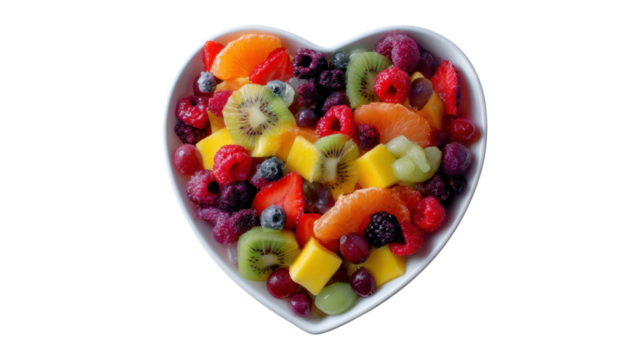 Colorful heart-shaped fruit bowl on a white isolated background. - Powered by Adobe
