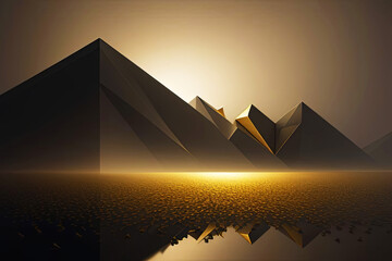 Futuristic digital illustration of golden pyramids in a surreal desert landscape. Warm golden lighting, dramatic shadows, and abstract geometry create a mystical, cinematic atmosphere