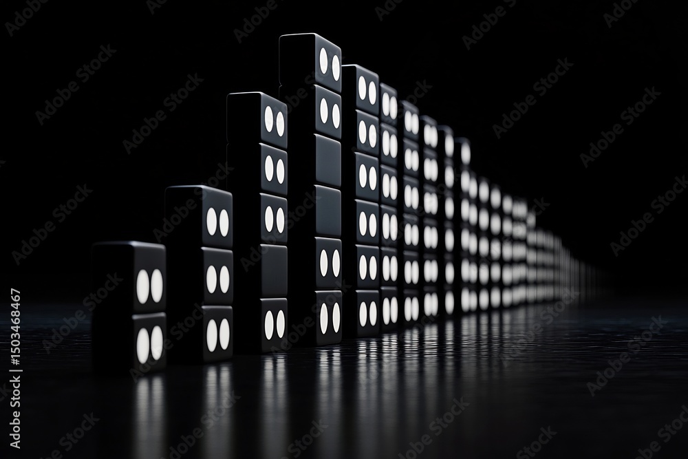 Poster risk analysis portrayed glowing dominoes balanced over a binary abyss