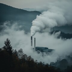 A factory releasing thick smoke into a foggy industrial valley