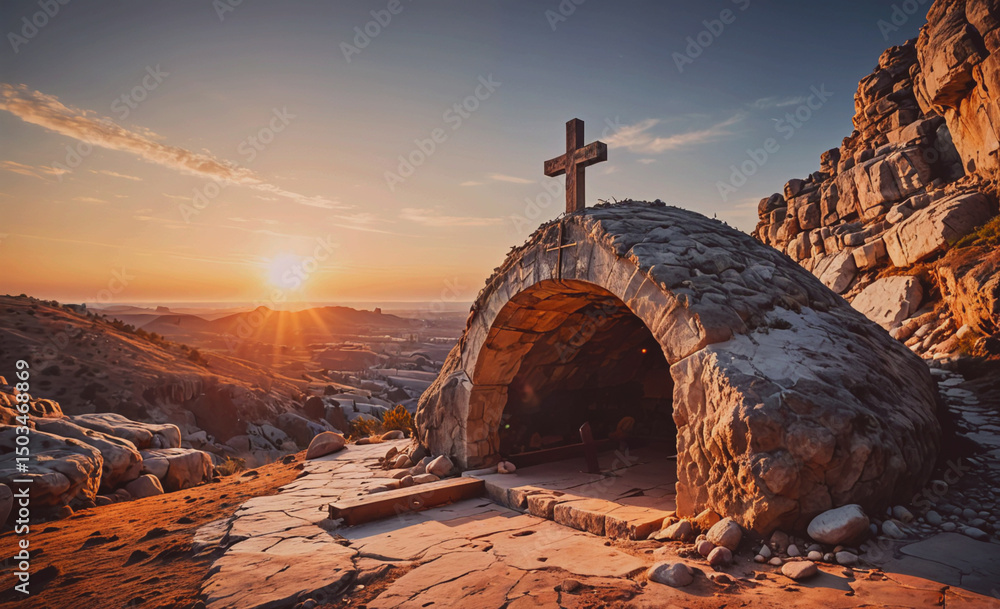 Poster Small stone building with a cross on top of it. The sun is setting behind the building