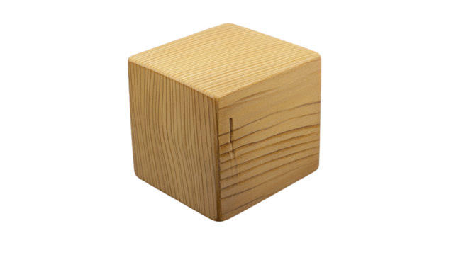 Wooden cube rotating on transparent background, perfect for compositions