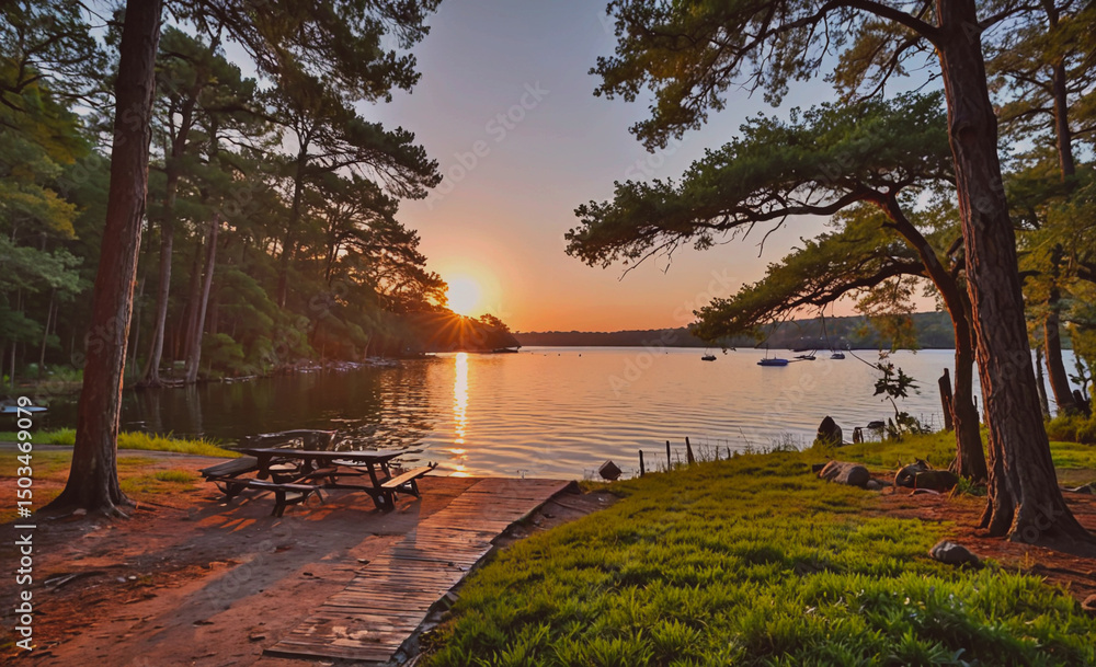Poster serene lake with a sunset in the background. the water is calm and the trees are lush green. there a