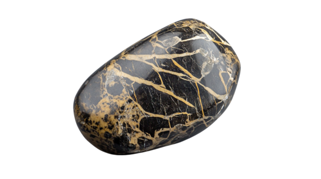 Polished dendritic gold on black gemstone isolated on transparent background