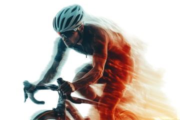 Cyclist in motion showcasing speed and agility against a transparent background with a dynamic blurred effect