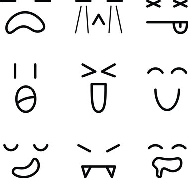 Set of minimal kawaii faces based on lines, face expressions, isolated flat graphics, funny and cute faces collection