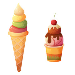 Ice cream in a waffle cone with summer flavors and ice cream in a cup