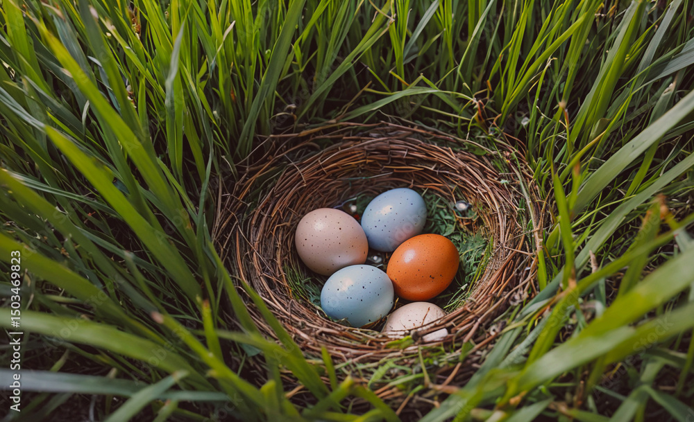 Poster nest of eggs with four brown and four white eggs. the nest is in a grassy area