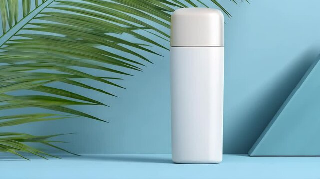 Clean presentation of white bottle, palm leaf, and geometric shapes, against cool blue background ideal for cosmetic or drink product shot