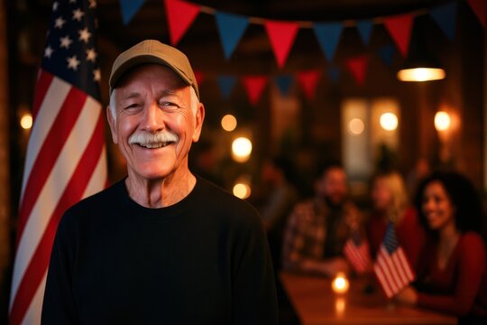 Smiling senior man celebrating patriotic holiday with US flag indoors