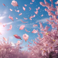 Delicate cherry blossom petals drift softly through the air, carried on a gentle spring breeze like fragile whispers of pink and white. Each petal is light as a feather, its edges slightly curled 