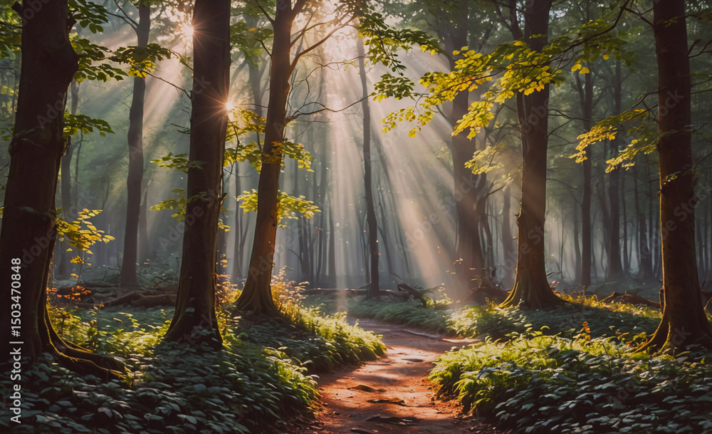 Poster Forest with sunlight shining through the trees. The sunlight is casting shadows on the ground, creating a serene and peaceful atmosphere. The trees are tall and green, and the leaves are rustling in