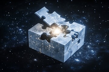 Cosmic Puzzle Box: Interlocking Pieces with Light Burst, Galaxy Texture, Dark Space.