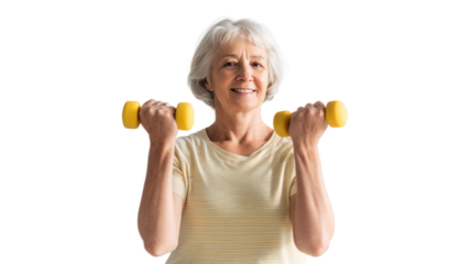 Senior woman exercising with dumbbells, smiling, healthy lifestyle, fitness motivation