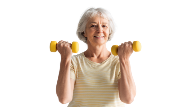 Senior woman exercising with dumbbells, smiling, healthy lifestyle, fitness motivation - Powered by Adobe