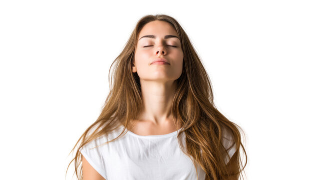 Serene woman enjoying a moment of peace with closed eyes and flowing hair.