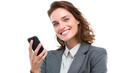 Fototapeta premium Smiling businesswoman holding smartphone, white isolated background