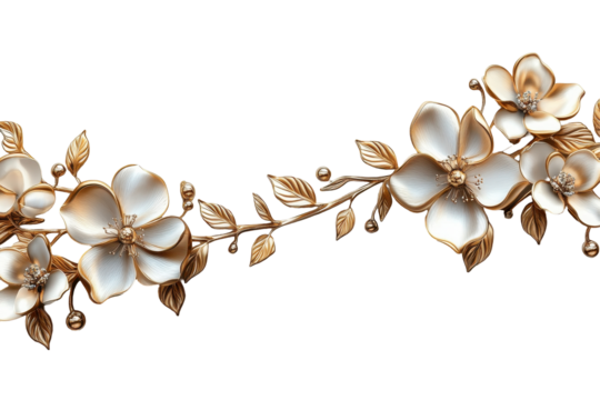 Elegant floral design with gold and cream blooms on a transparent background for decorative use in various projects and crafts